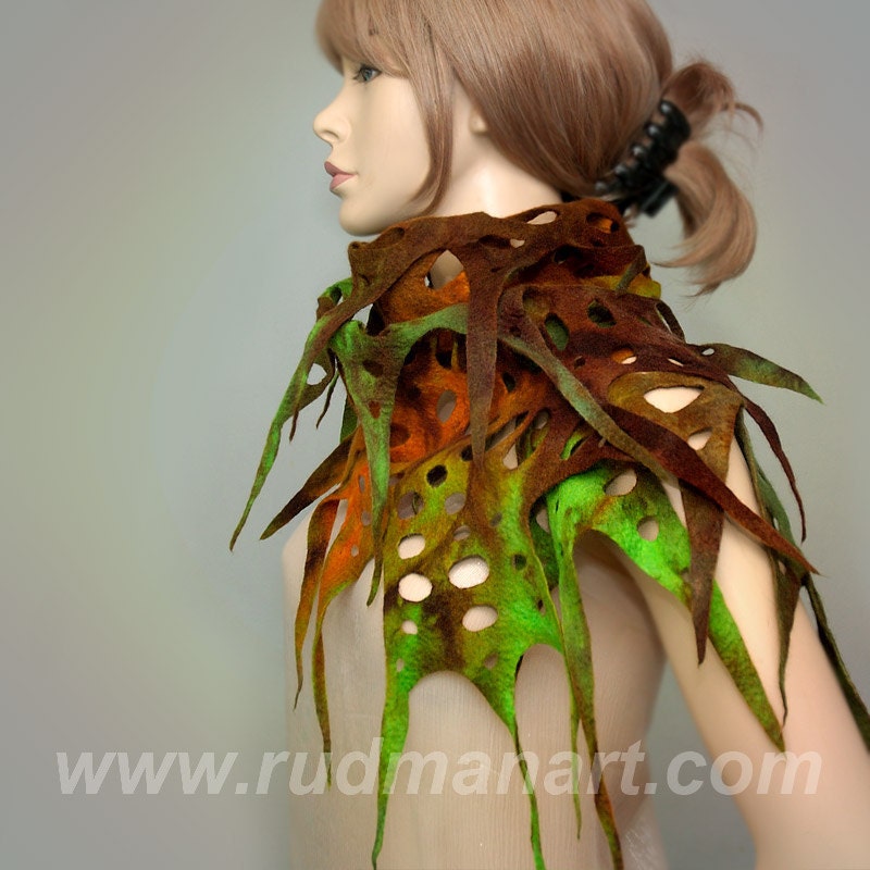 Felted Scarf Wool Silk Art hand dyed shredded scarf Multicolor Forest Lime Brown Rusty