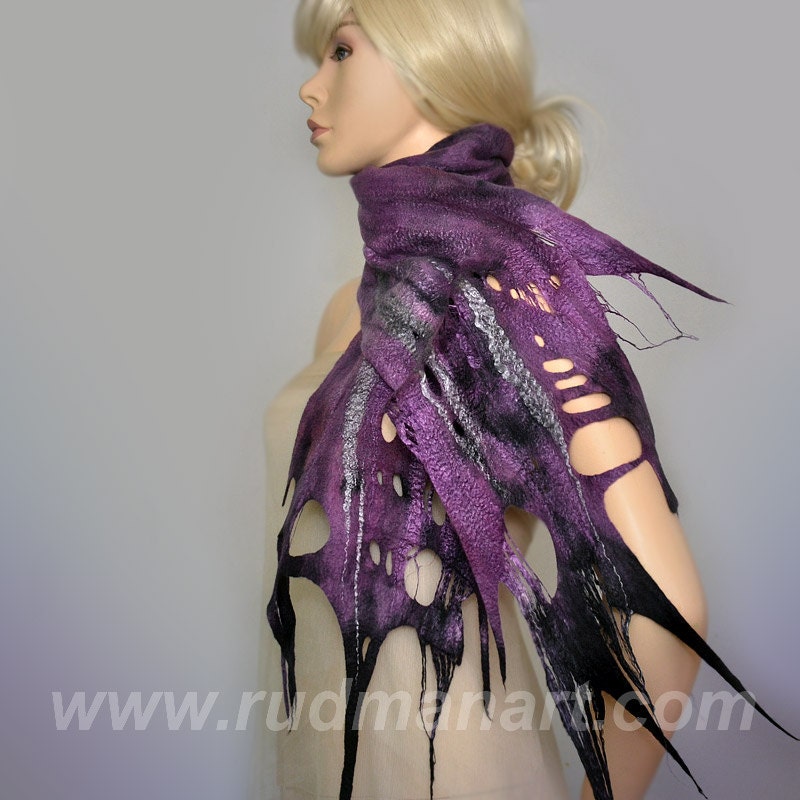 SUMMER SALE 20% discount Felted Scarf Wool Silk Art hand dyed shredded scarf Purple Lilac Gray