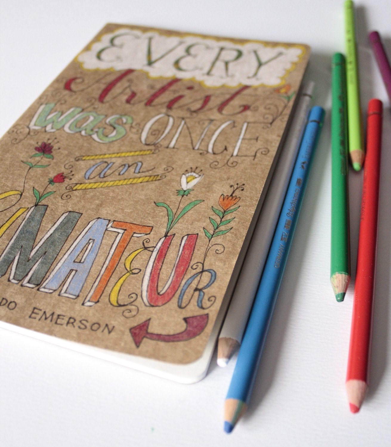 Made to Order - OOAK Kraft Moleskine with Hand Drawn Type and Art Quote by Ralph Waldo Emerson