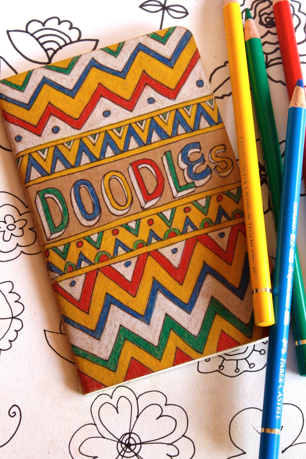 25 Percent Off SALE - Chevron Doodles OOAK Kraft Moleskine Pocket Cahier with Hand Drawn Type