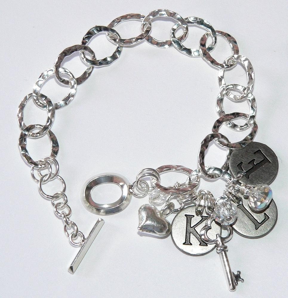 Sterling Silver Key to My Heart Bracelet (3 Initial Distressed Charms)