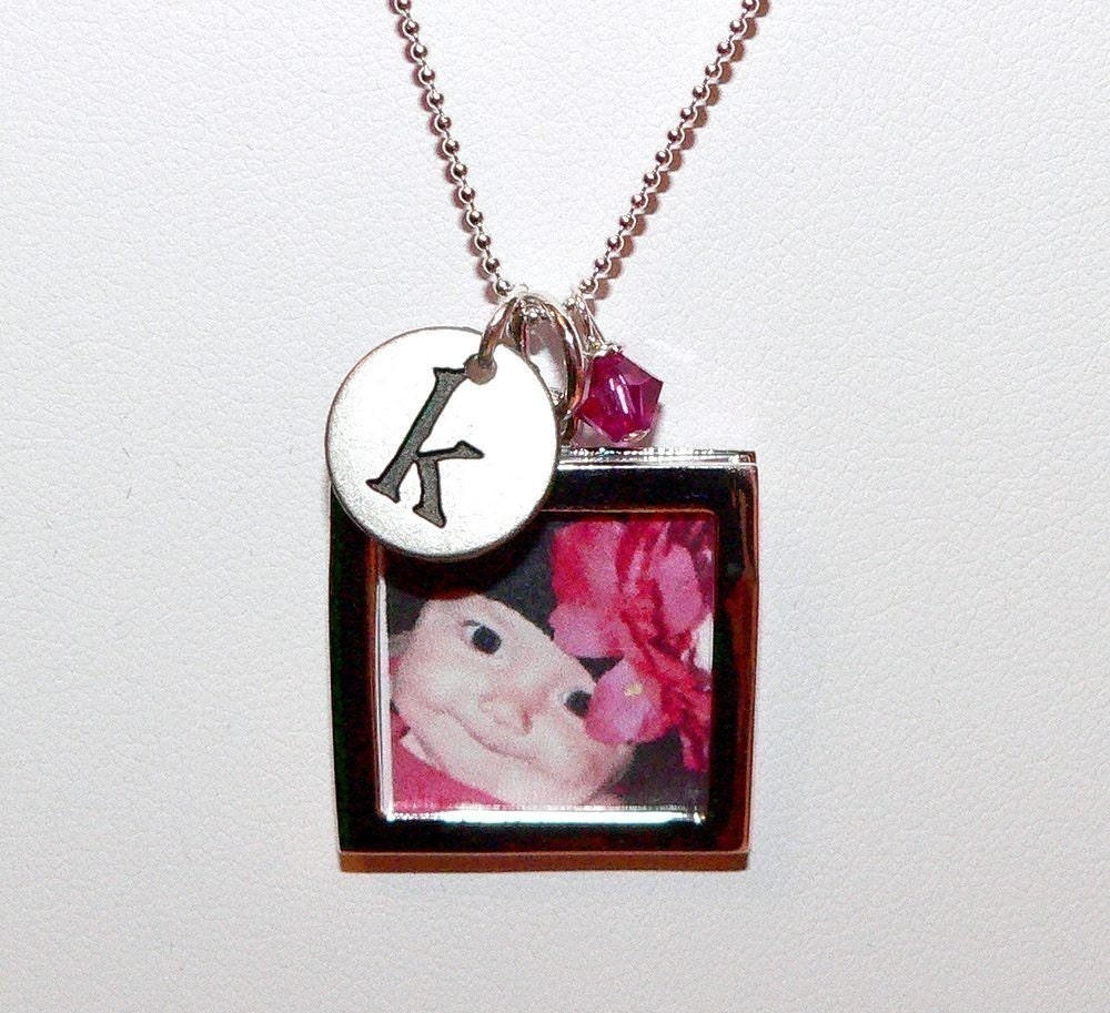 Photo Necklace with Initial Charm and Birthstone- Personalized- Custom Photo Jewelry