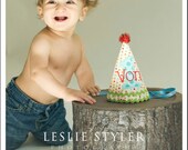 Boys First Birthday Party Hat - Preppy dots in red, aqua, orange, and green - Free personalization