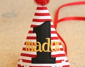 Boys 1st Birthday Party Hat - Pirate theme in red and white stripes with black and yellow - Free personalization