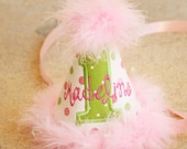 Girls First Birthday Party Hat - Pink and Green polka dots - Free personalization
