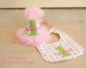 Girls First Birthday Party Hat and Bib - Pink and Green polka dots - Free personalization