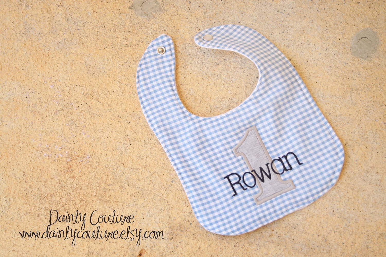 Boys First Birthday Bib  - Personalized in blue and white gingham with navy and grey accents