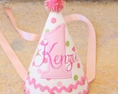 Girls First Birthday Party Hat - Pink and green dots with pink accents - Personalized