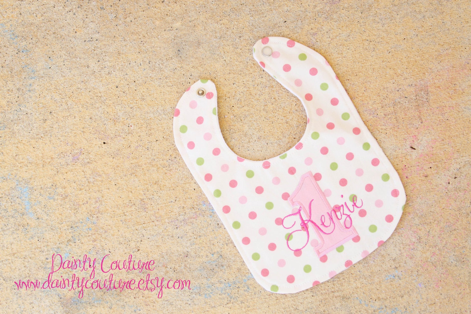 Girls first birthday bib - Pink and green in polka dots - Free personalization