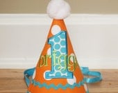 Boys First Birthday Hat - Orange, aqua, and green dots - Free personalization