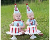 Boys 1st Birthday Party Hat and Bib for TWINS - Darling aqua blue dots and red and white stripes - Michael Miller ocean dots - DaintyCouture
