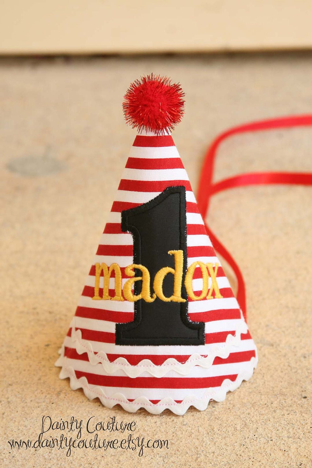 Boys 1st Birthday Party Hat - Pirate theme in red and white stripes with black and yellow - Free personalization