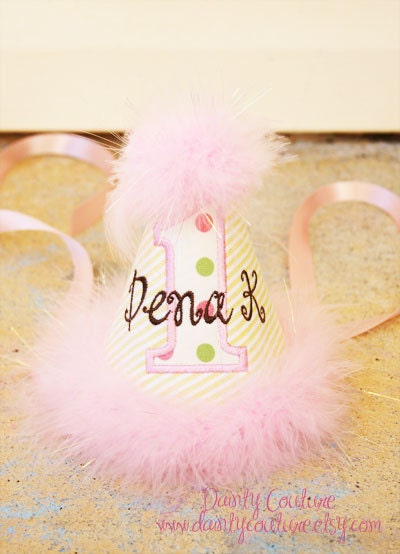 Personalized Girls 1st Birthday Hat - Soft yellow and white stripes hat with pink and green dots and brown name - Free Personalization