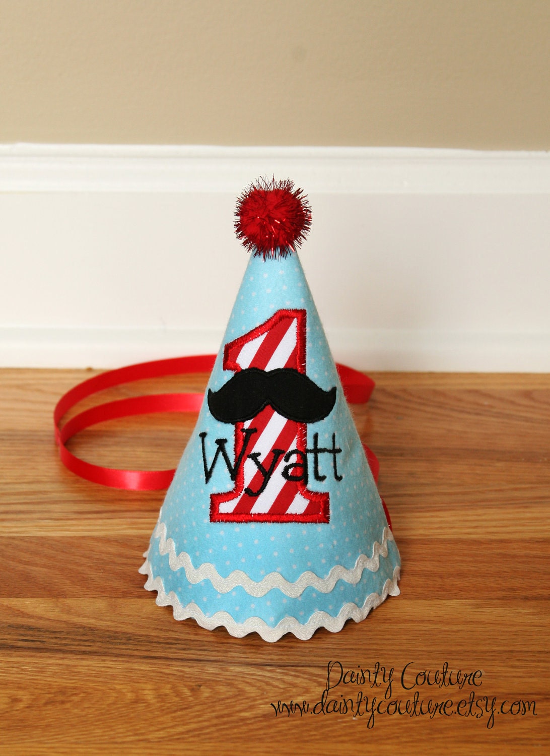 Boys First Birthday Mustache Hat - Cute hat in blue/light aqua, red and white stripes - Free personalization