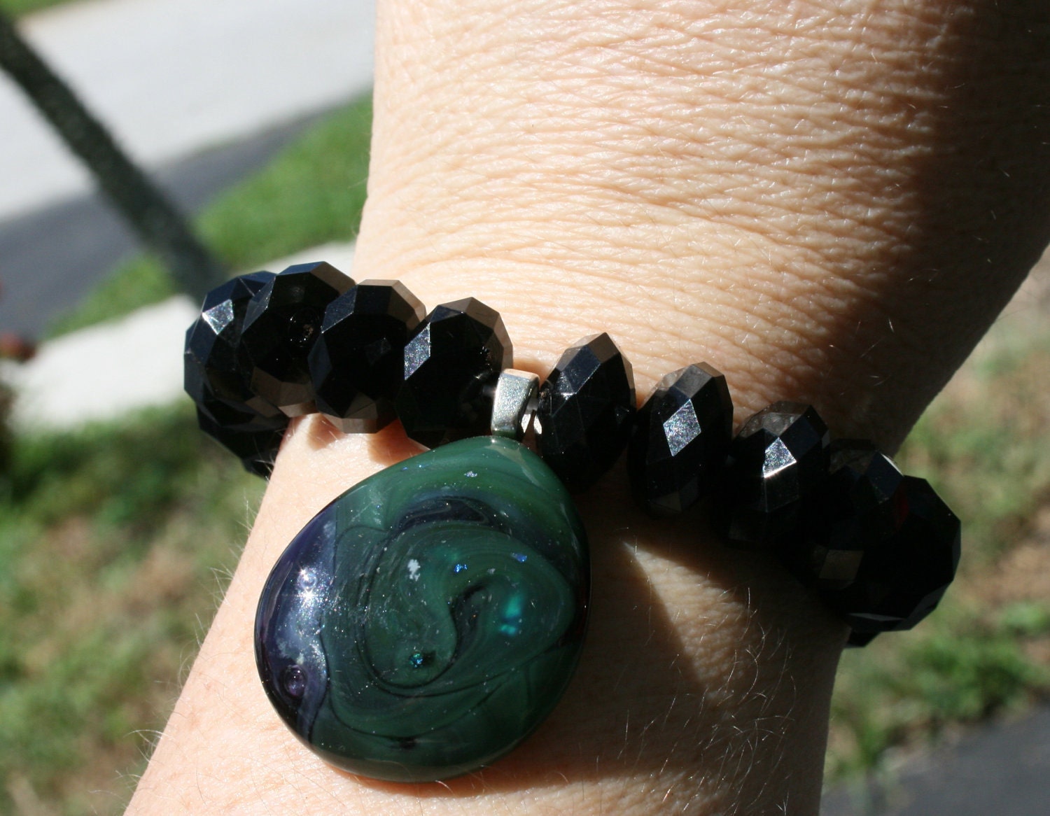 GLORIOUS GREEN  Fused Glass Beaded Bracelet -- Art Glass By YM
