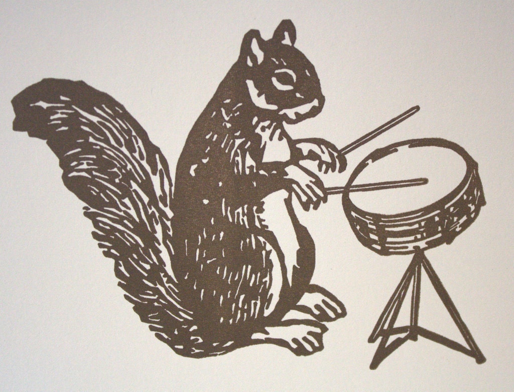 drumming squirrel in brown letterpress card