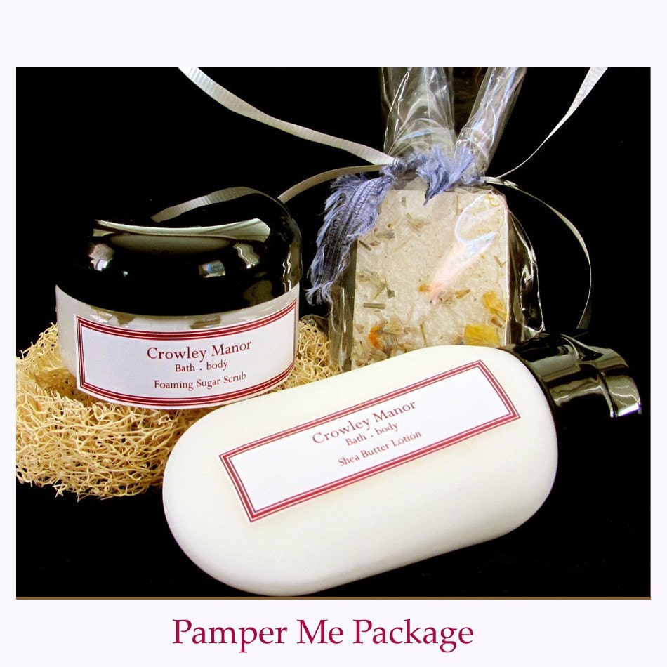 Bath & Body Gift Set - Soap, Foaming Sugar Scrub, Shea Butter Lotion and Loofah - Pamper Me Package