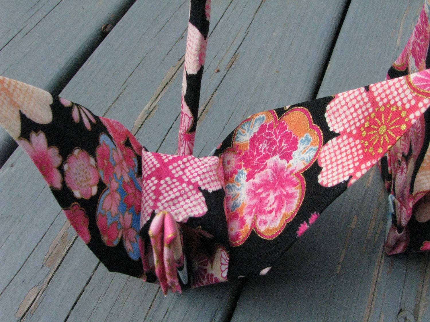 Large Fancy Origami Crane Black, Pink & Gold with Flowers