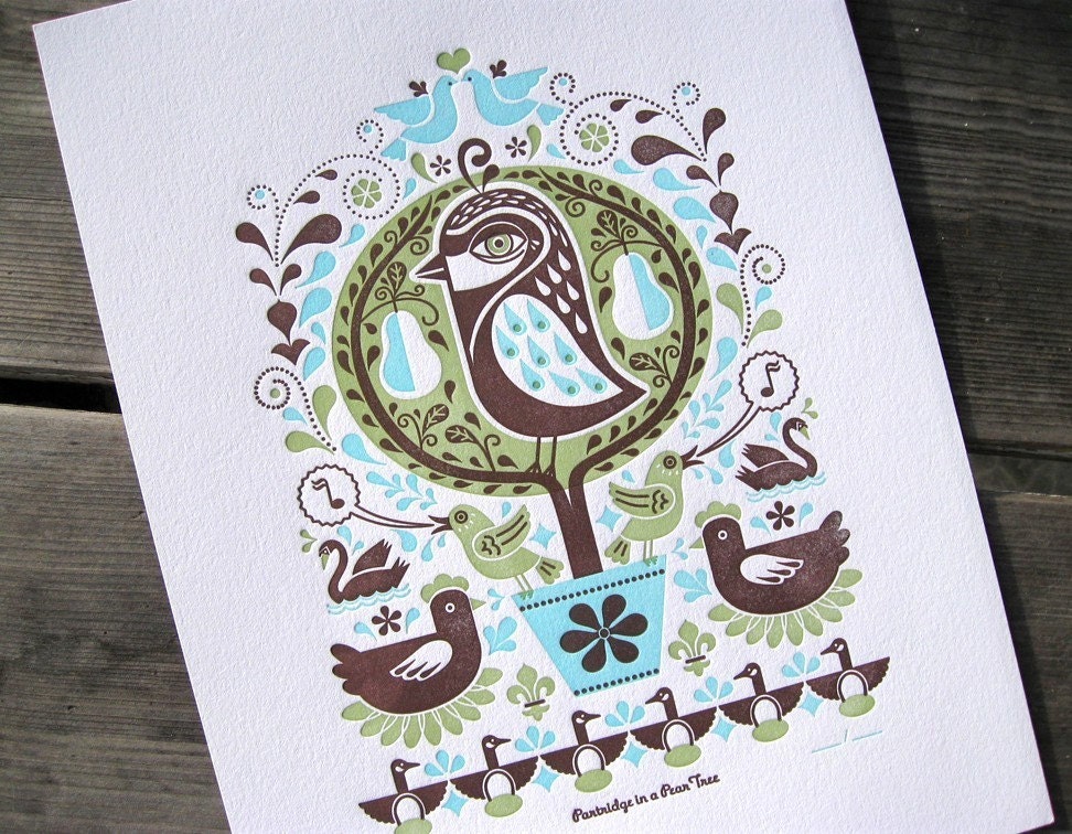 Partridge in a Pear Tree Print - green/aqua/brown