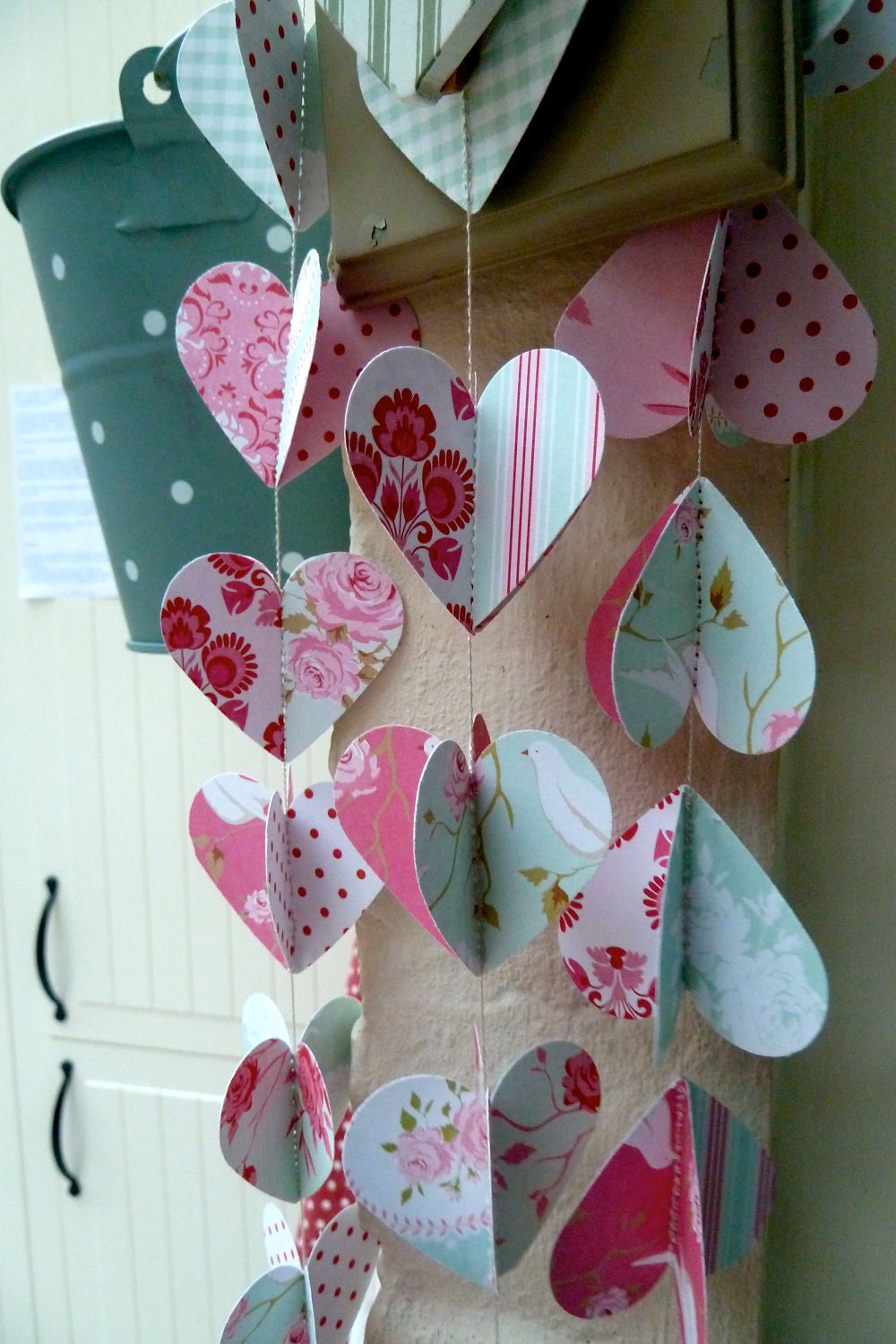 SALE Designer paper garland/mobile, ROSY HEARTS, in 3d, limited edition