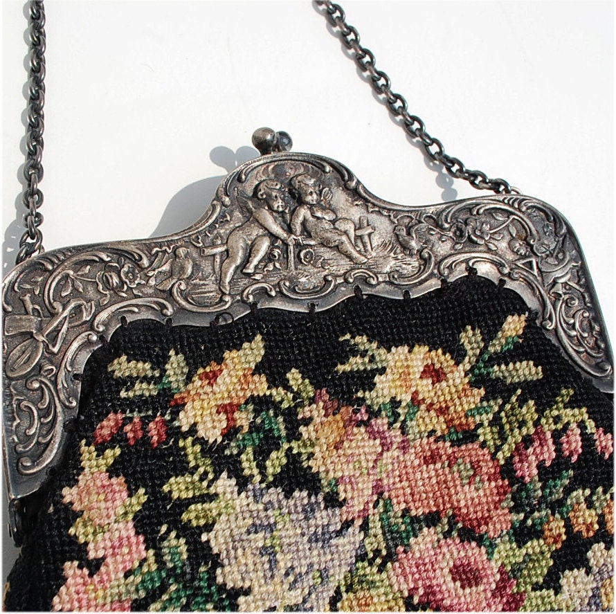 Vintage Victorian hand bag purse embroidered floral with silver frame