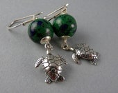 Green and Blue Sterling Silver Sea Turtle Earrings with Free Shipping