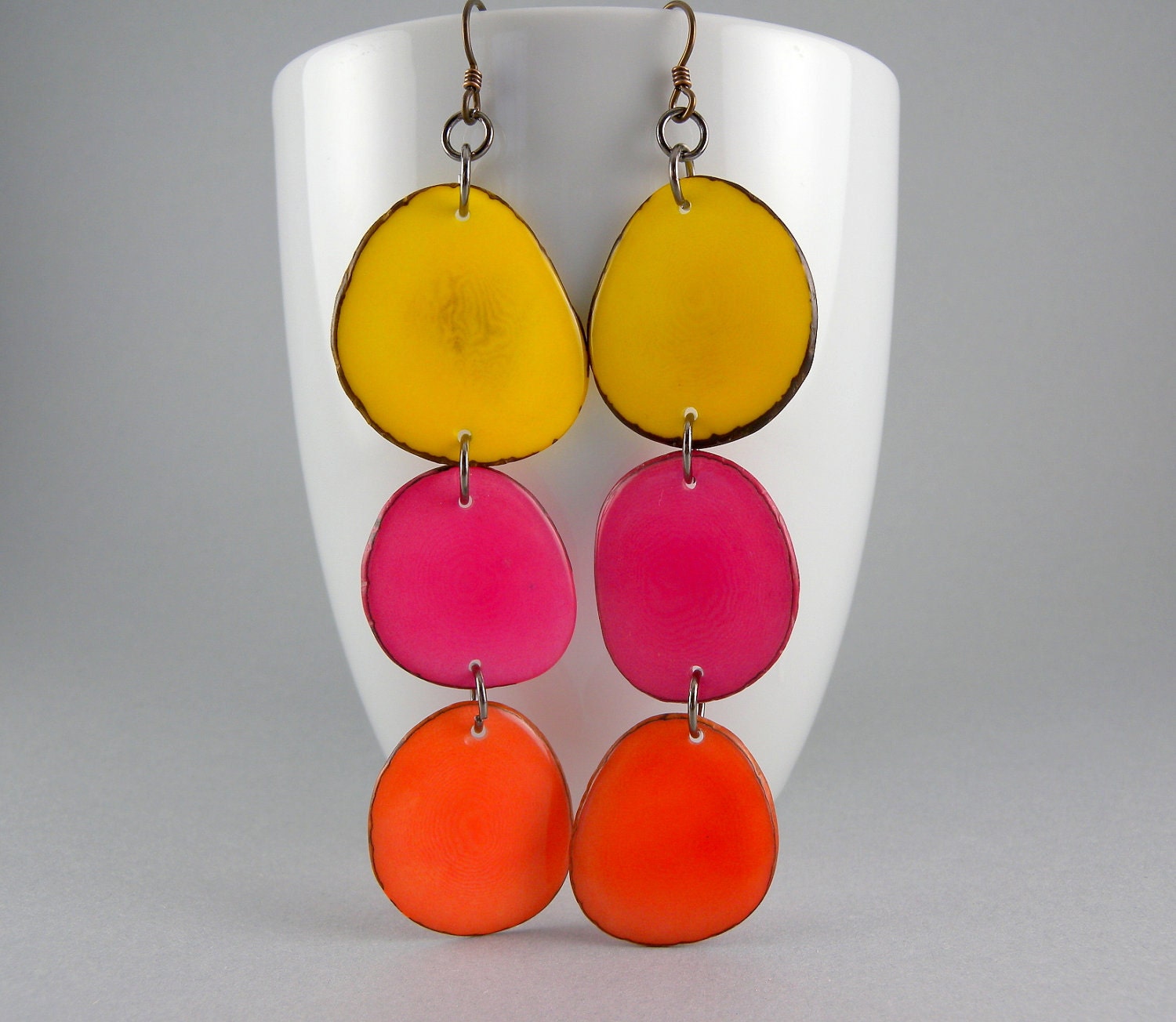 Pineapple Yellow, Honeysuckle Pink, and Cantaloupe Orange Shoulder Duster Trio of Tagua Nut Eco Friendly Earrings with Free Shipping