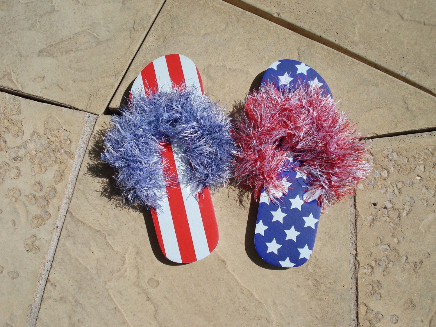 SALE - Red White and Blue Patriotic Furry Flip Flops Spa Sandals Size 5-6