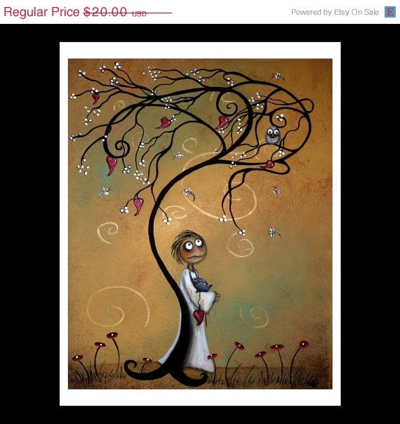 Whimsical Art Print -- Hedgehog - Whimsical Tree - Hearts - Owl --Whichever Way the Wind Blows -- 8x10