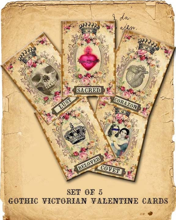 INSTANT DIGITAL DOWNLOAD - Gothic Victorian Valentine Cards - 5 Designs - Printable Grunge Antique Cards Skull Crown Sacred Heart