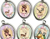 INSTANT DOWNLOAD Birds Dolls and Deer Oh My - Kawaii Printable Digital Collage Sheet - Vintage Victorian 30 x 40 mm Ovals - Pendants Jewelry