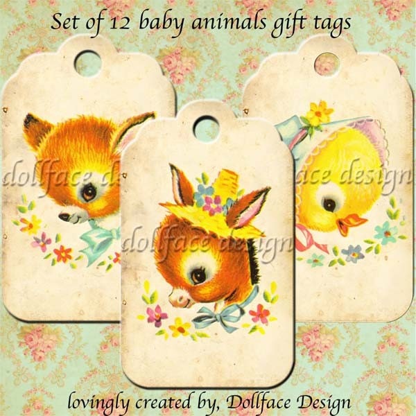 INSTANT DOWNLOAD - Kawaii Vintage Baby Animals Gift Tags - Printable Digital Journal Tags - Scrapbooking - Gift Tags