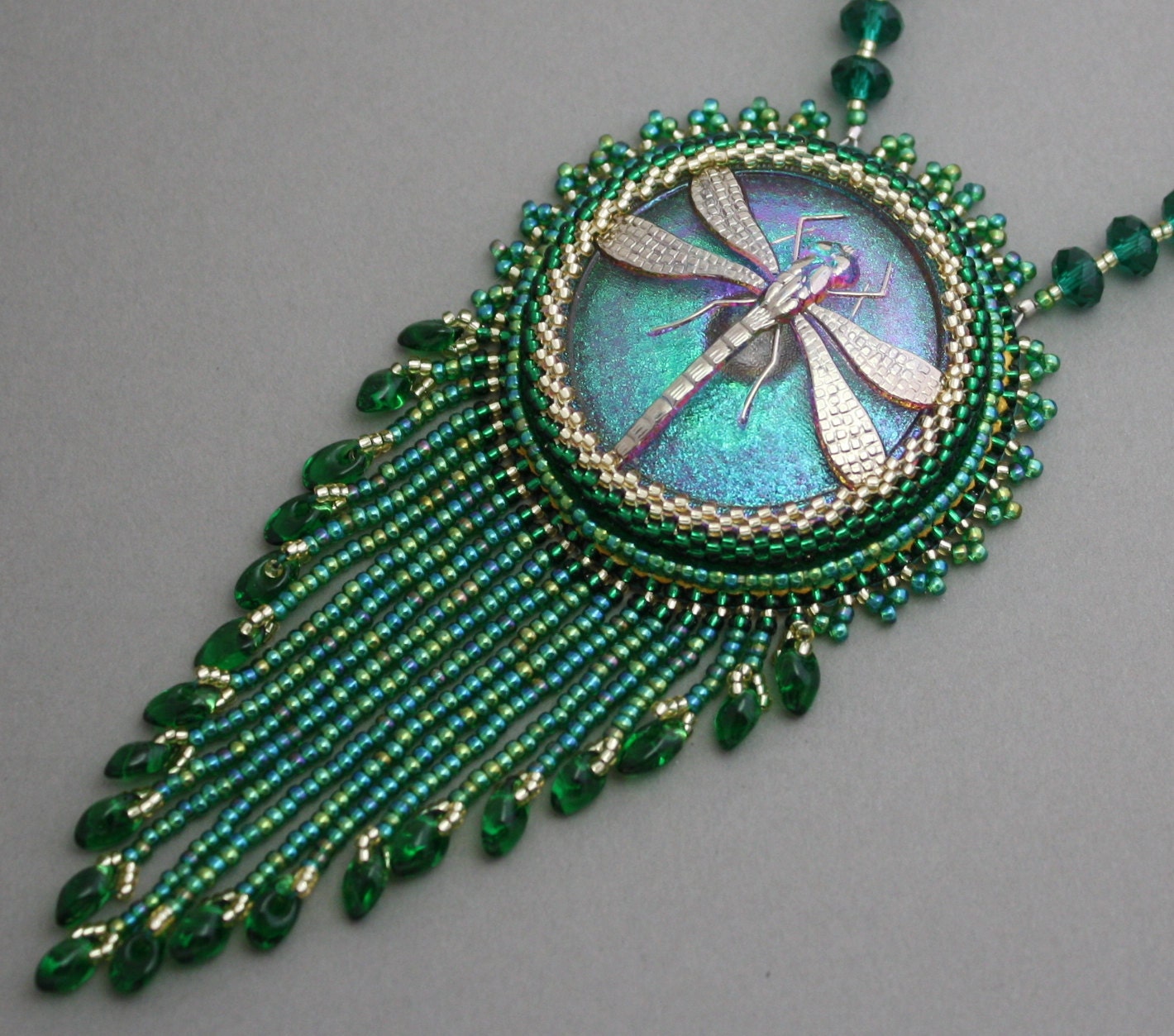 DRAGONFLY green bead embroidered necklace