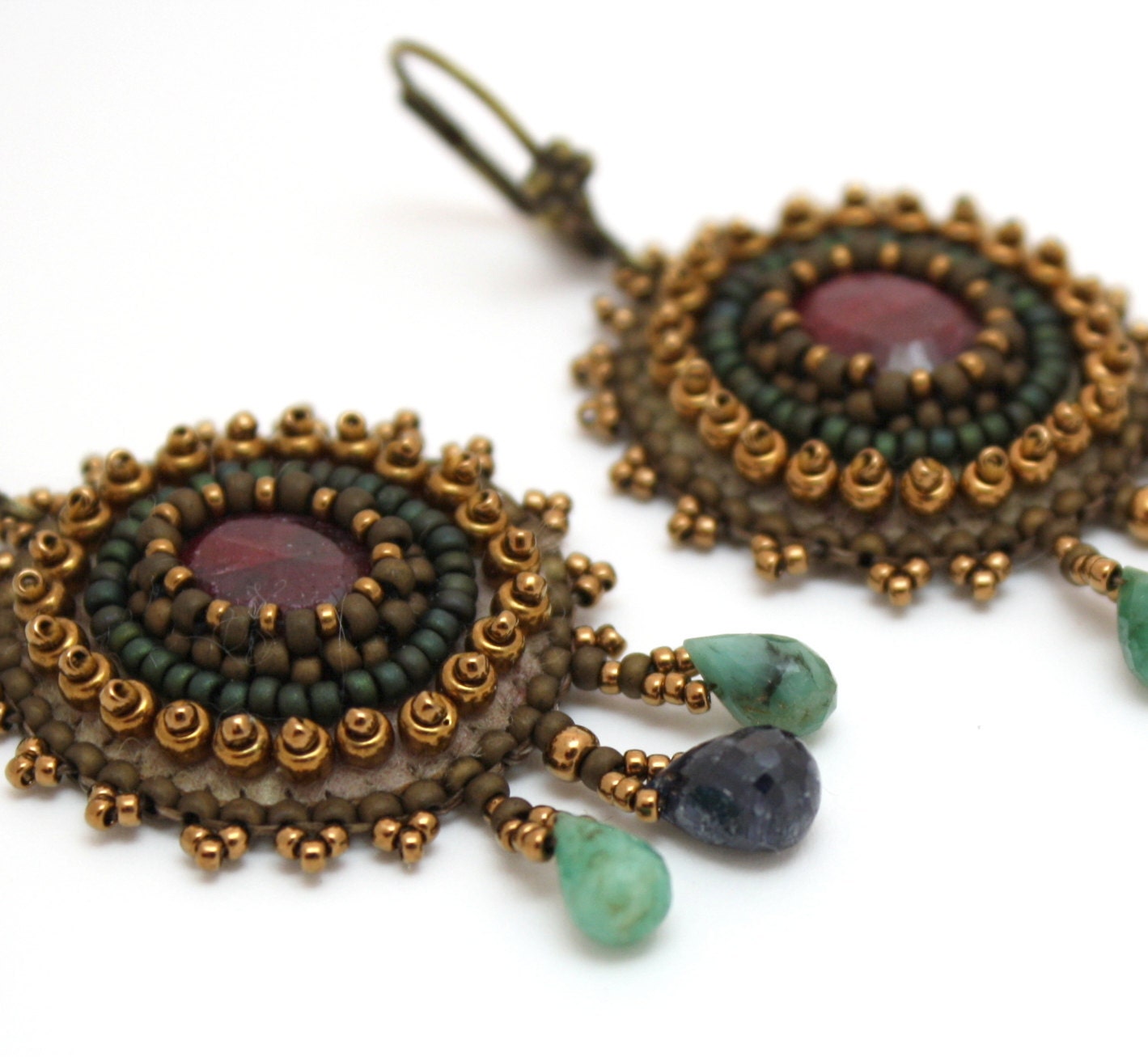 Mysteries of India - Bead embroidered statement earrings with emeralds, sapphires and rubies