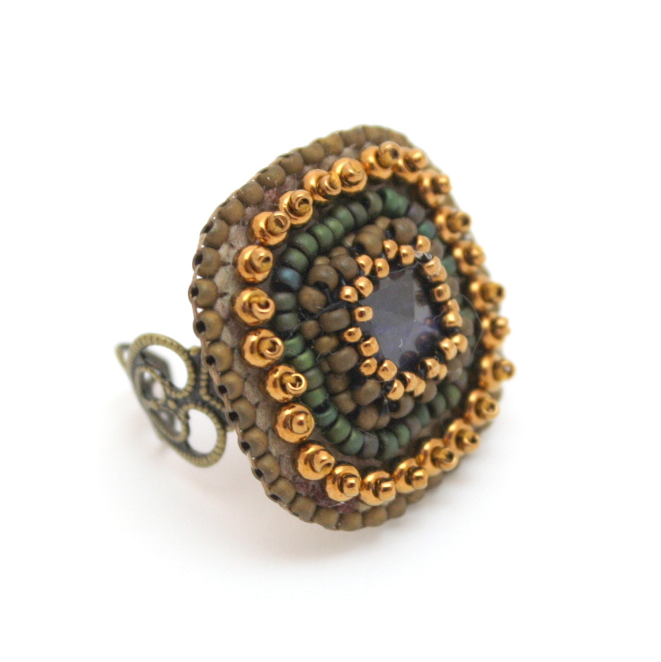 Mysteries of India - Bead embroidered statement ring with sapphire