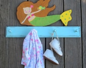 Mermaid Peg Rack - Bathroom Towel Rack - Hand-Painted - Natural Wood
