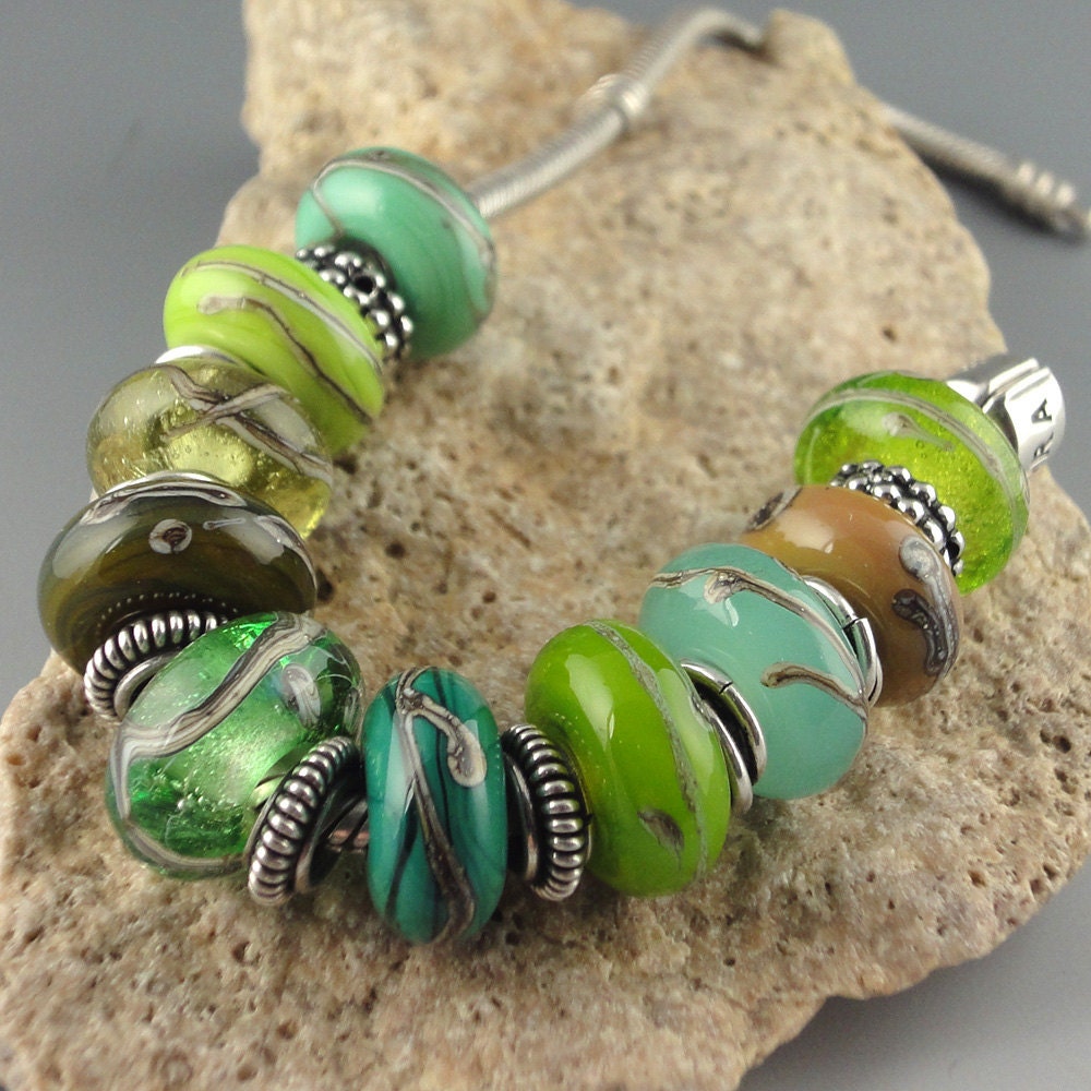Handmade Lampwork Glass Slider Beads 10 Bead Set Spring Green