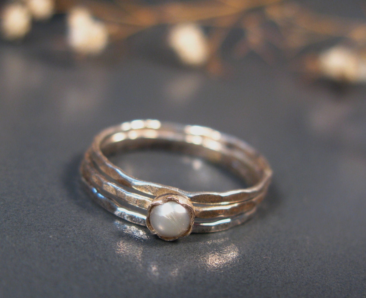 Freshwater pearl rings, sterling stack rings set of 3, hammered silver rings - DvoraSchleffer