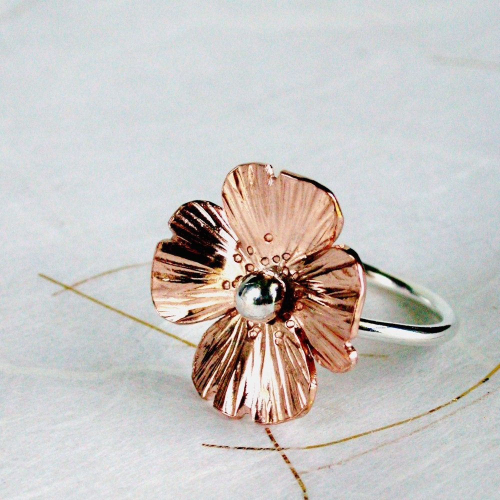 Ring Copper Poppy hammered Sterling silver band floral Spring fashion