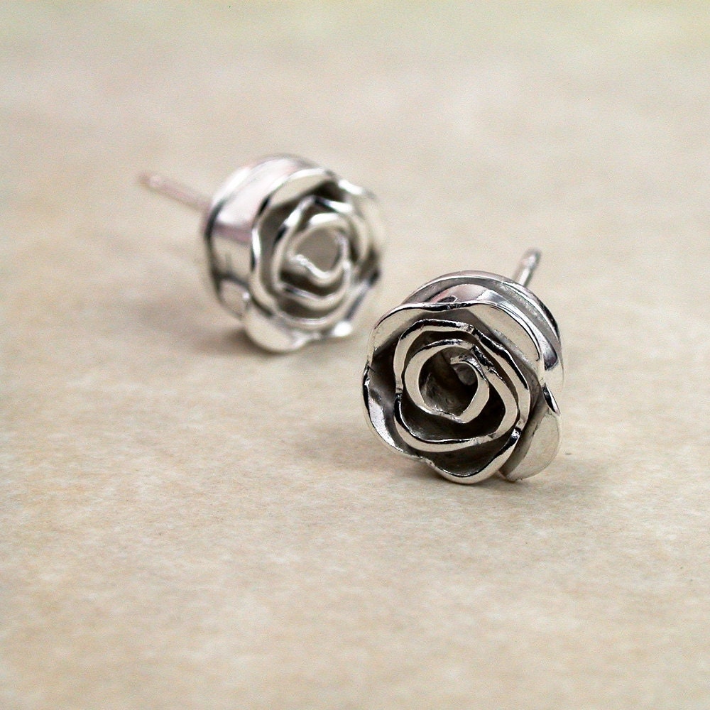 Sterling stud earrings, hand formed Roses: Itty Bitty Buds