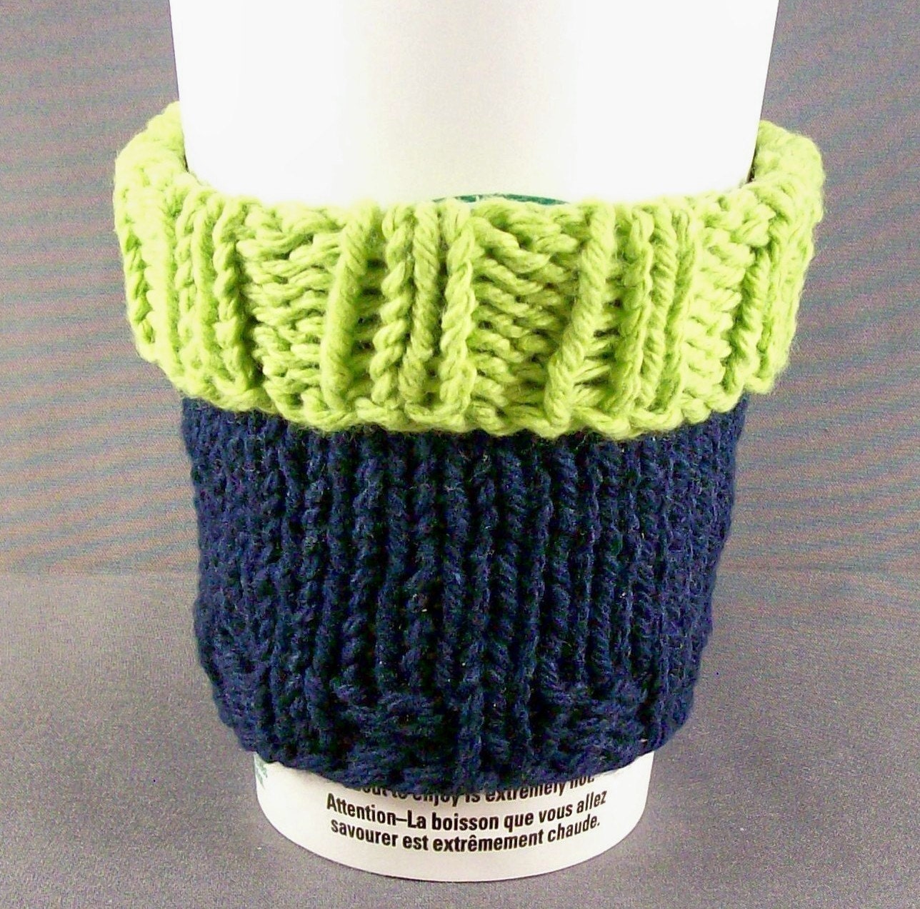 Coffee Cup Cozy Sleeve - Hand Knit - Deluxe Two-Toned Navy Blue with Lime Green Cufff