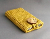 iPhone 5 Case, iPod Touch Sleeve, Gadget Cozy - Hand Knit Dijon Mustard with Natural Coconut Button  Wonderful Gift
