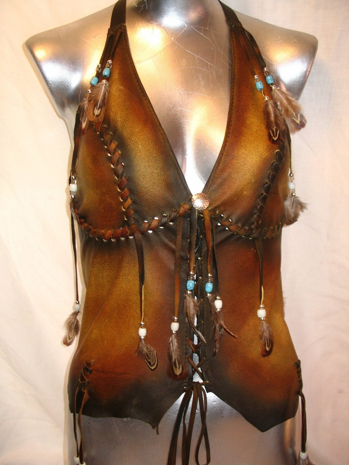 Artisan Made Leather Bustier Western Style Halter Top Hippie Fringe Feathers Beads Corset Handmade by Debbie Leather
