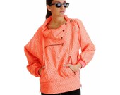 Vintage 1980s Unisex Electro Fluorescent Orange Polka Dot Windbreaker Medium