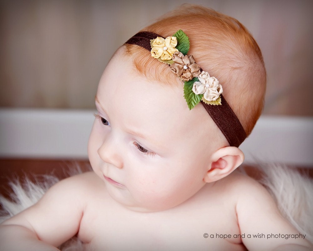 Baby headband, newborn headband, adult headband, child headband and photography prop Dainty Triple GINGER Satin Flower Elastic Headband