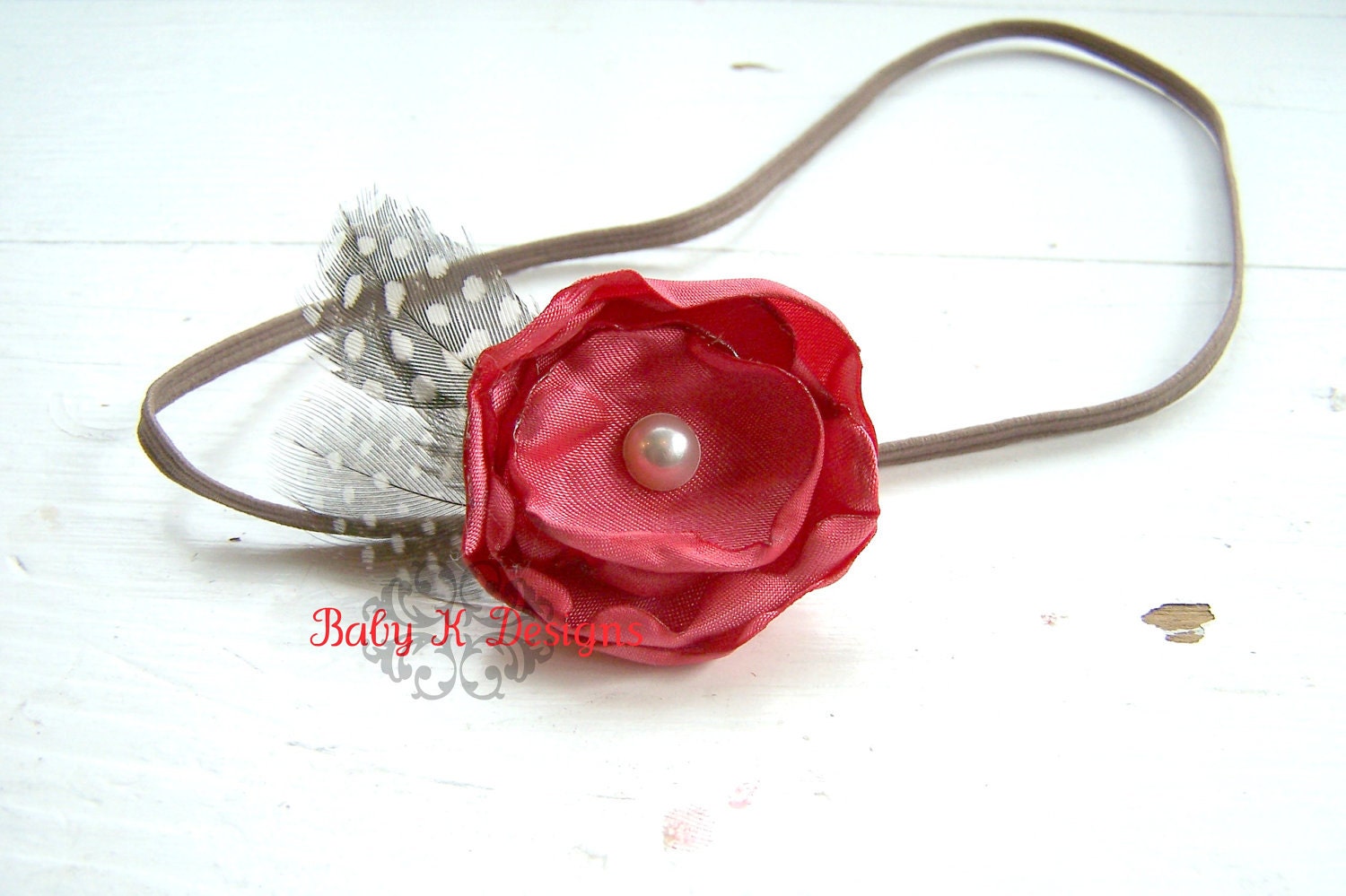 Newborn Headband / Baby Headband / Girls Headband ANISTON Coral Satin Flower and Feather Elastic Headband