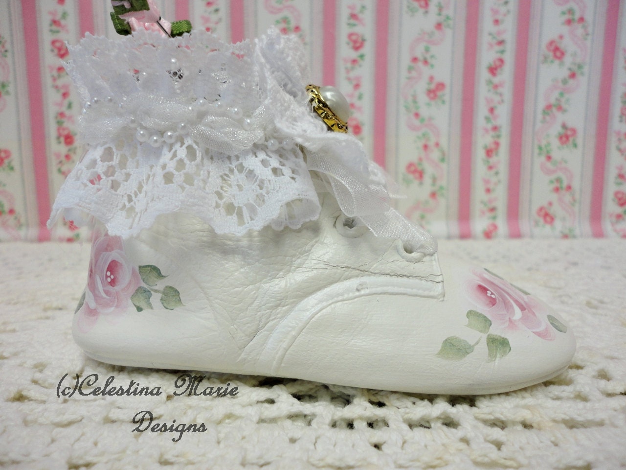 SALE,Baby Shoe and Lavender Scented Pin Cushion, Hand Painted and Created, CSST, ECS