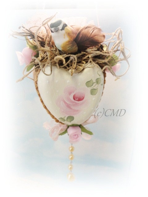 Chickadee Topped Vintage Heart Mold, Hand Painted, Created, Mixed Media, ECS, CSST