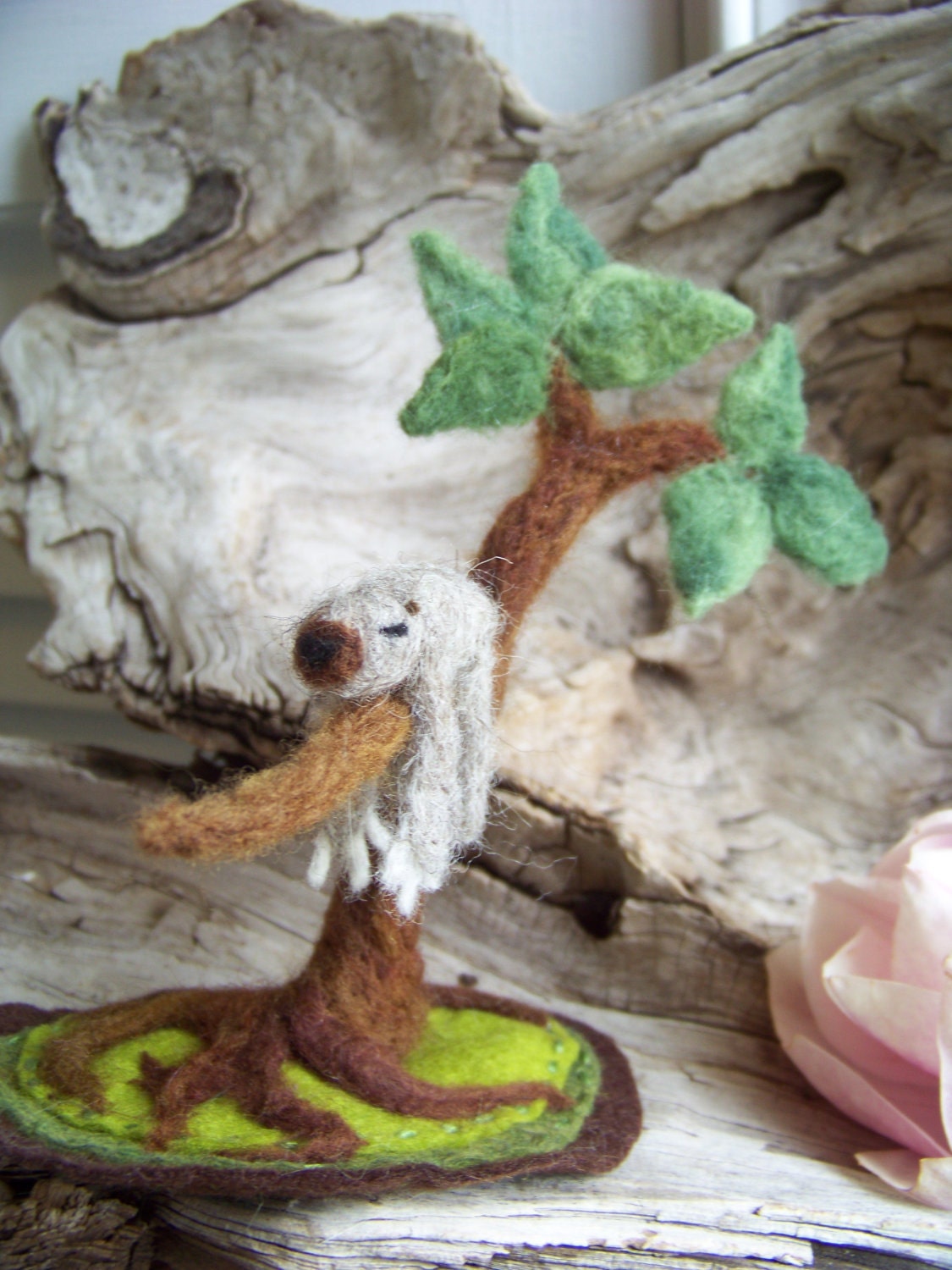 Needle Felted Sleepy Sloth in Tree Scene