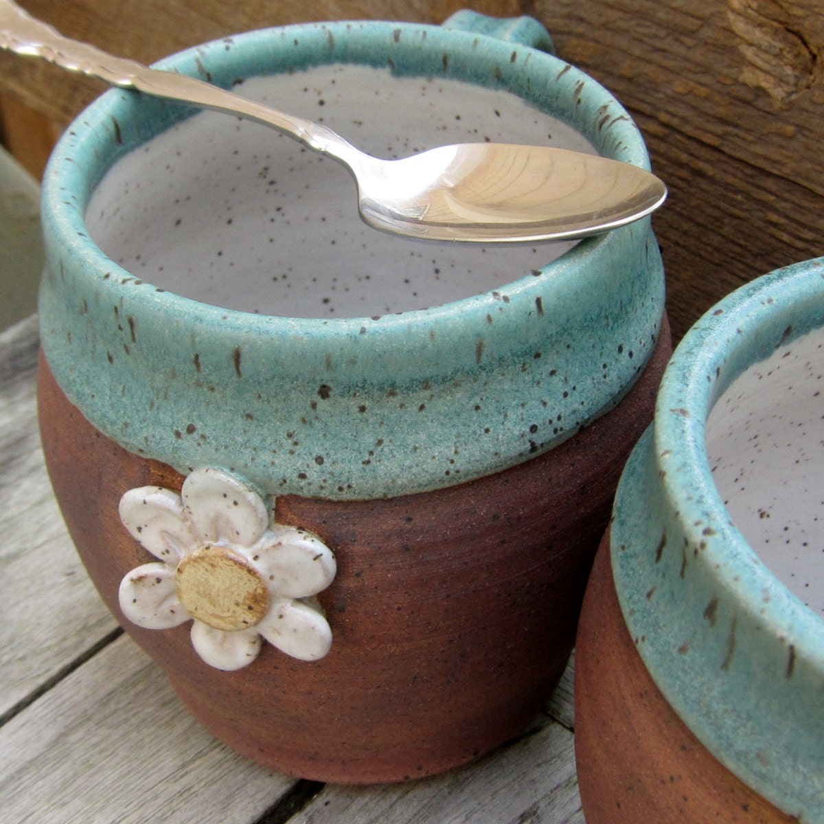2 Mugs Daisy Mugs with Aqua glaze on Rustic brown stoneware